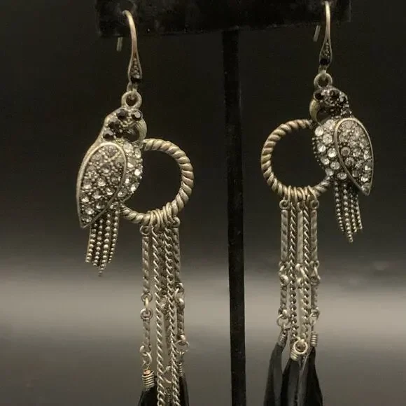 Parrot Black Feather Chandelier Dangle Statement Earrings Rhinestone Chain Link - Picture 5 of 11